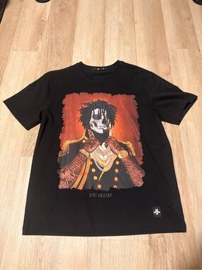 Gallery Black Tee with Orange and Gold Skull Officer Graphic